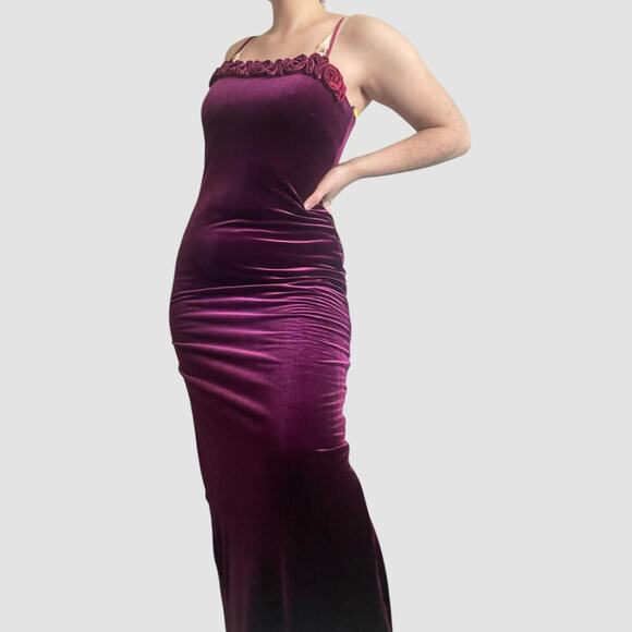 Vintage 90s 00s Purple Velvet Sleeveless Maxi Rose Formal Dress M/L - Picture 1 of 6